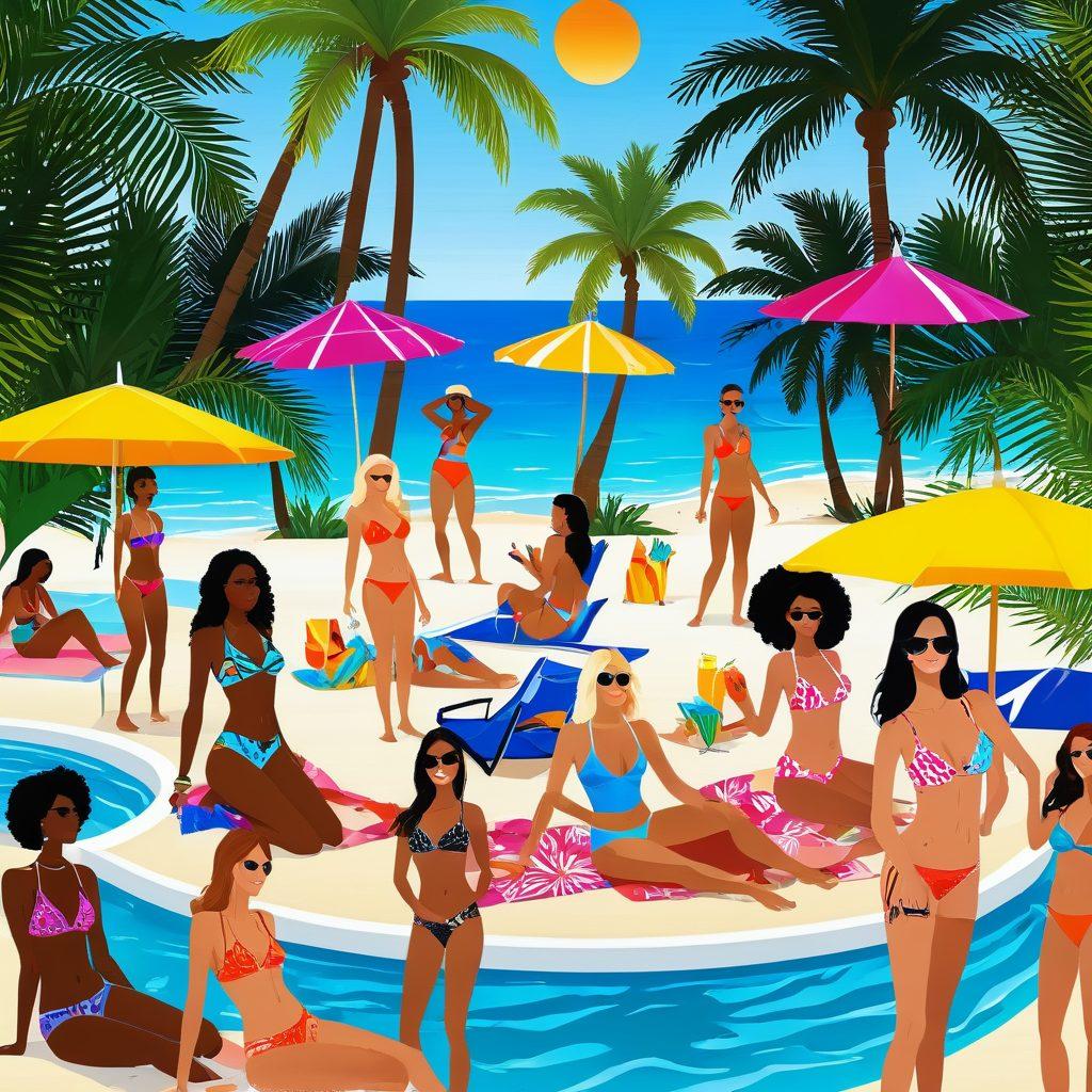A vibrant beach scene showcasing diverse individuals in stylish bikinis, engaging in lively cultural activities, while enjoying a luxurious poolside party under a bright sun. Include elements of fashion such as unique fabric patterns and accessories, with palm trees and beach umbrellas in the background. The atmosphere should radiate fun and exclusivity, capturing the essence of summer bliss. colorful vector art. tropical theme. upbeat and lively.